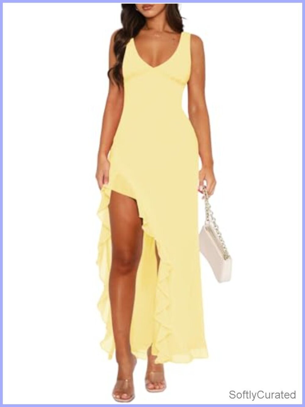 V Neck Sleeveless Mesh Ruffle Hem Bodycon Maxi Backless High Slit Cocktail